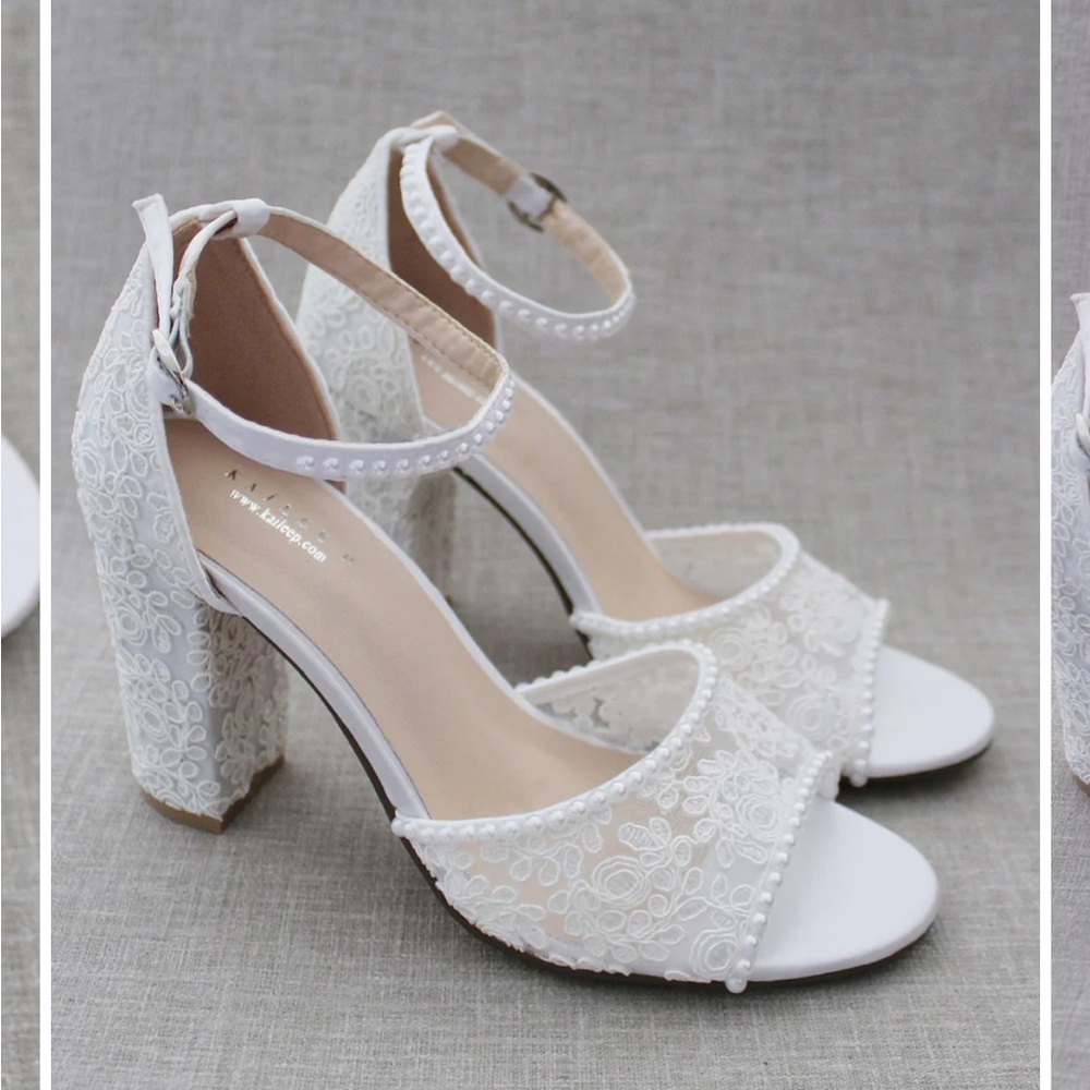 Kailee P White Lace Block Heels with Ankle Strap